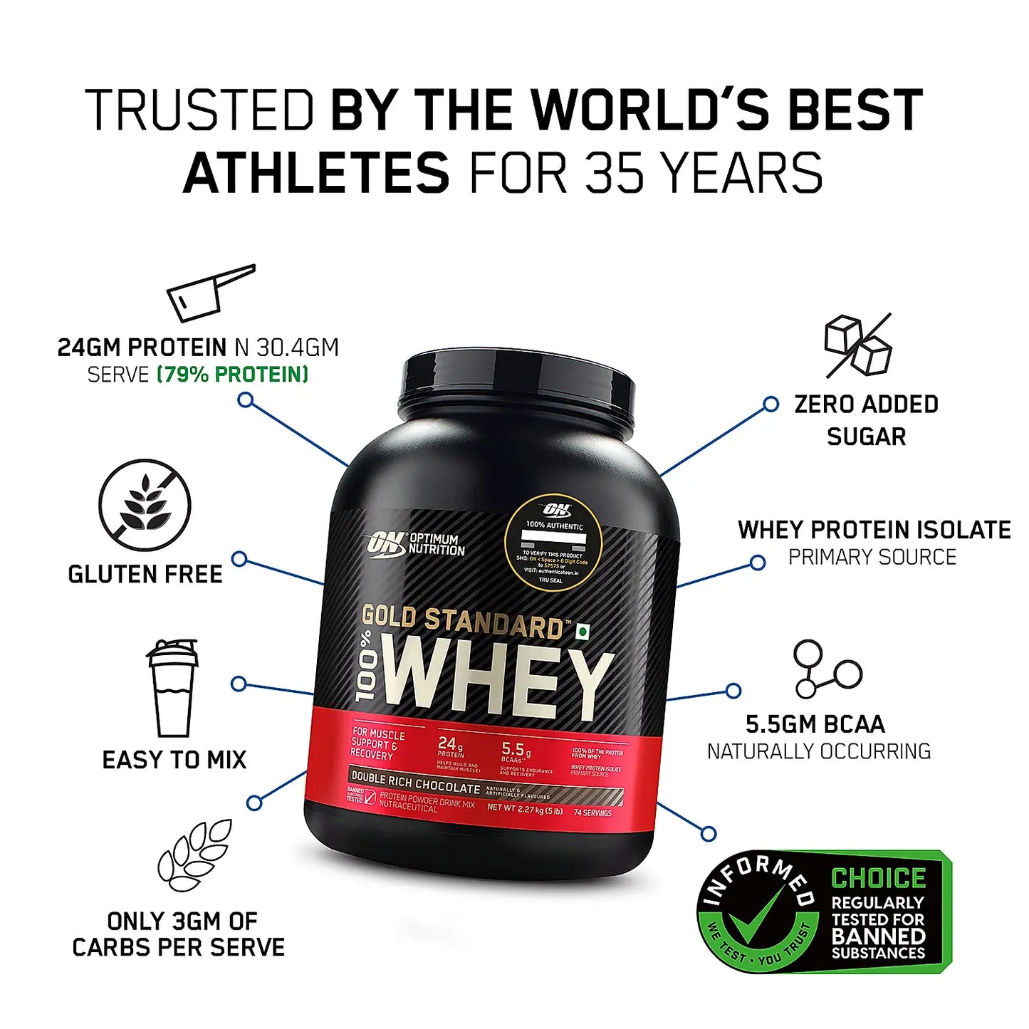 ON (Optimum Nutrition) Gold Standard 100% Whey Protein, 2.27 kg (5 lb), Double Rich Chocolate