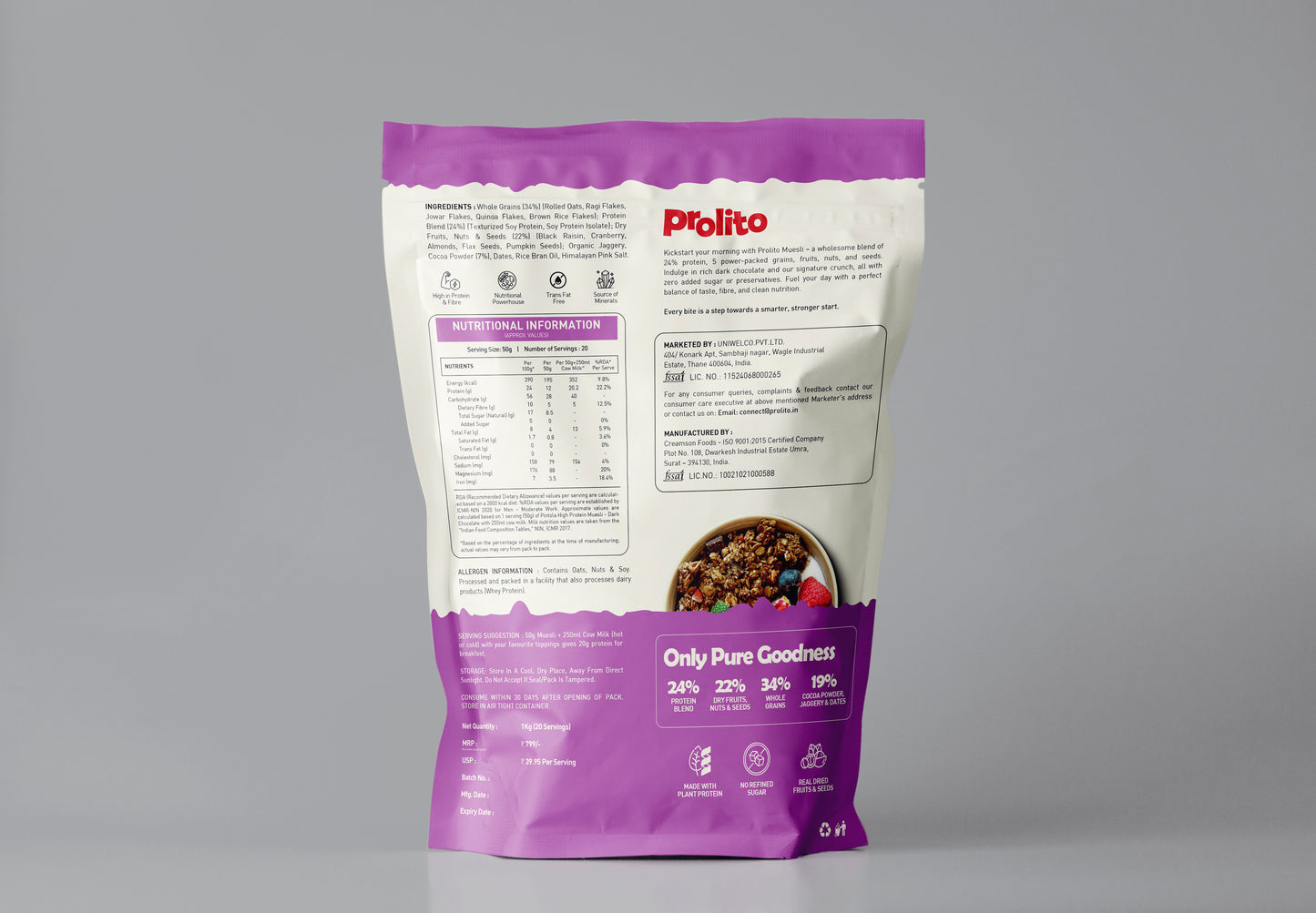 PROLITO HIGH PROTEIN MUESLI DARK CHOCOLATE & CRANBERRY 1 KG