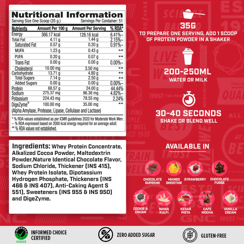 GNC Pro Performance 100% Whey Protein Chocolate Supreme – 1.81 kg (Faster Recovery & Lean Muscle Gains )