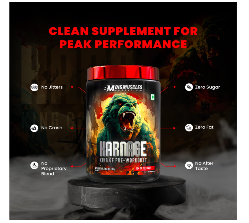 Bigmuscles Nutrition Karnage Pre workout (60 Servings, Sex On the Beach) | Pre-workout Supplement Supports to Improve Focus, Strength, Energy and Pump,