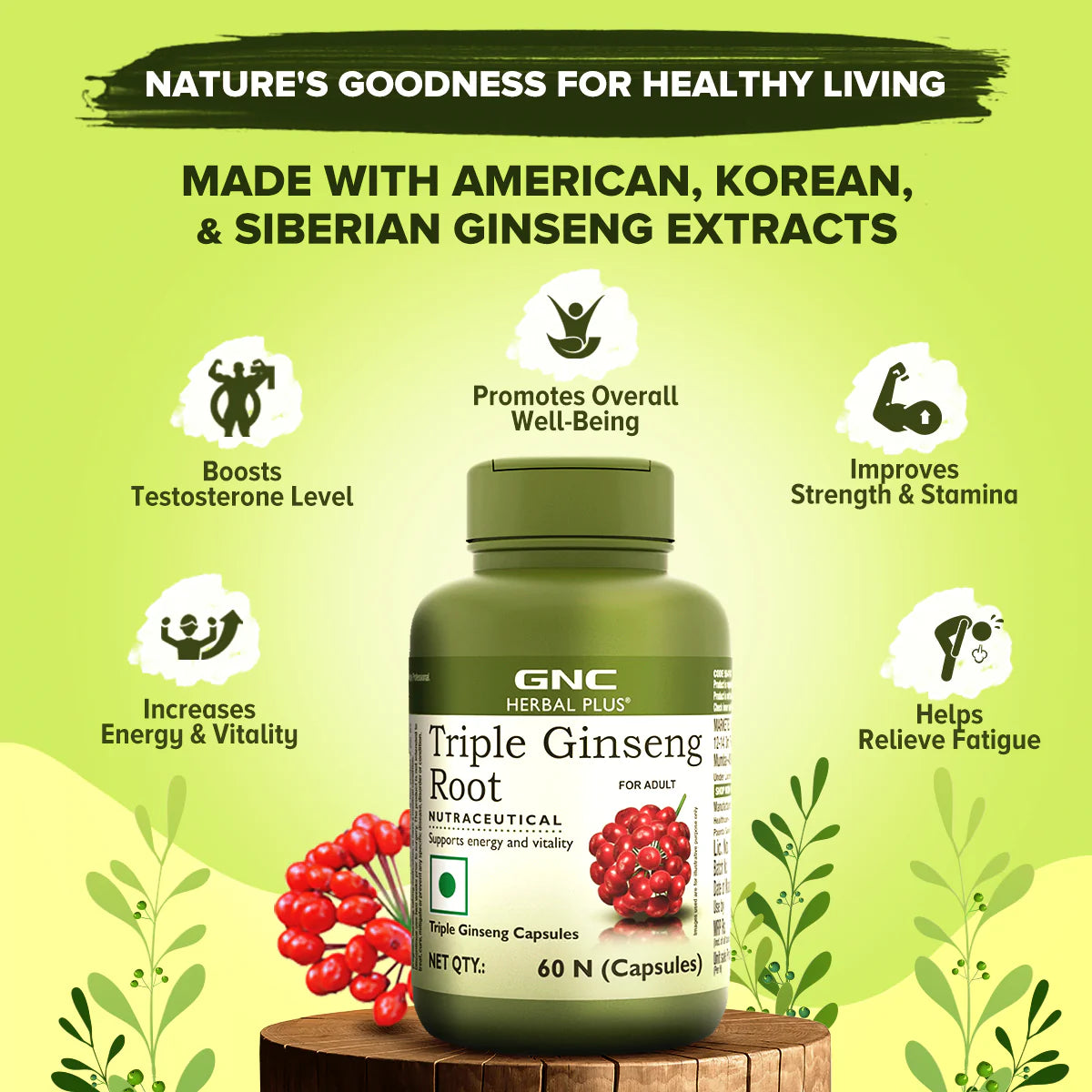 GNC Herbal Plus Triple Ginseng with Korean, American & Siberian Ginseng | 90 Capsules | 700mg | Enhances Immunity | Boosts Strength & Stamina | Improves Alertness & Concentration