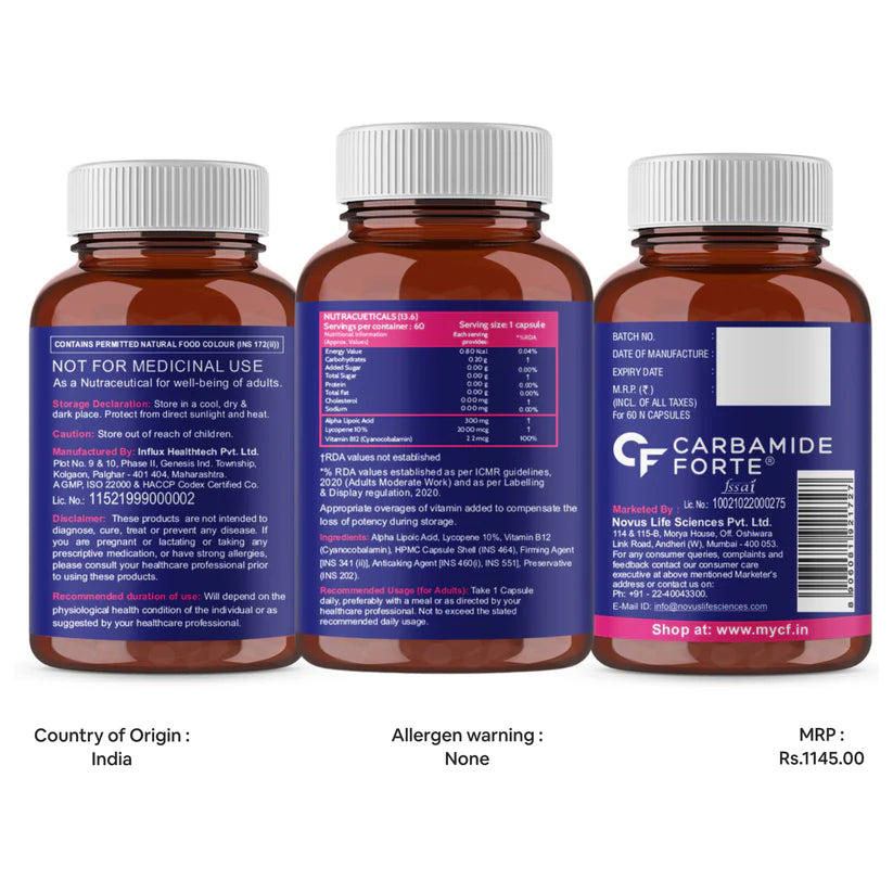 CF Alpha Lipoic Acid 300 mg | Vitamin B12 & Lycopene | 60 Capsules ALA Antioxidant Support with Lycopene Blend 60 Veg Capsules | Non‑GMO | No Artificial Colors