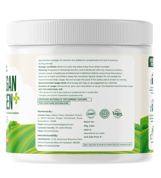 Pure Vegan Collagen 240g | Plant-Based Collagen Supplement with Hyaluronic Acid, Vitamin C, Vitamin E & Biotin | Supports Anti-Aging, Skin Hydration, Hair Growth, Nail Strength & Joint Care | Orange Flavour | No Added Sugar