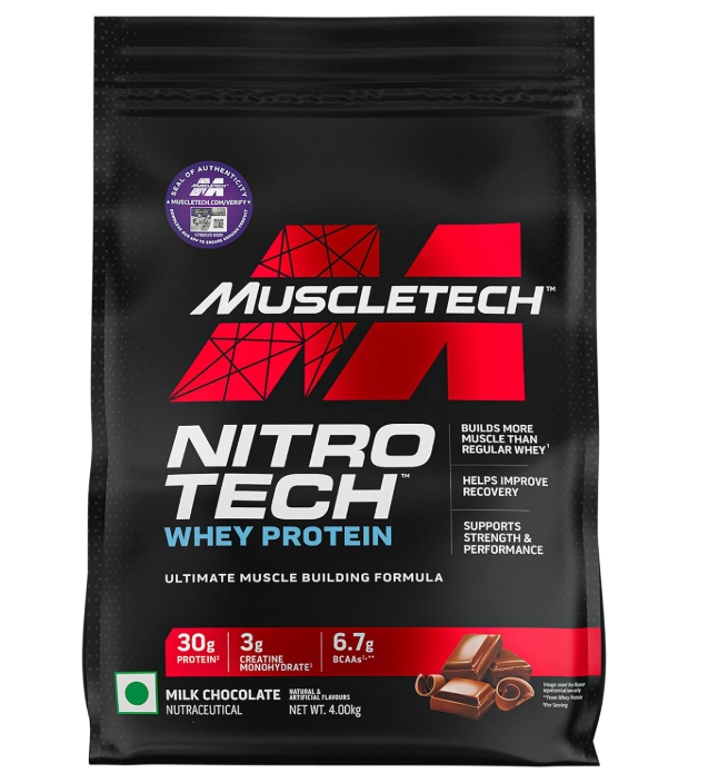 MuscleTech Nitro-Tech Whey Protein, 1.81kg (4lbs), Milk Chocolate, 30g Protein, 3g creatine monohydrate, 6.7g BCAA, ultimate muscle building formula, increase strength & performance