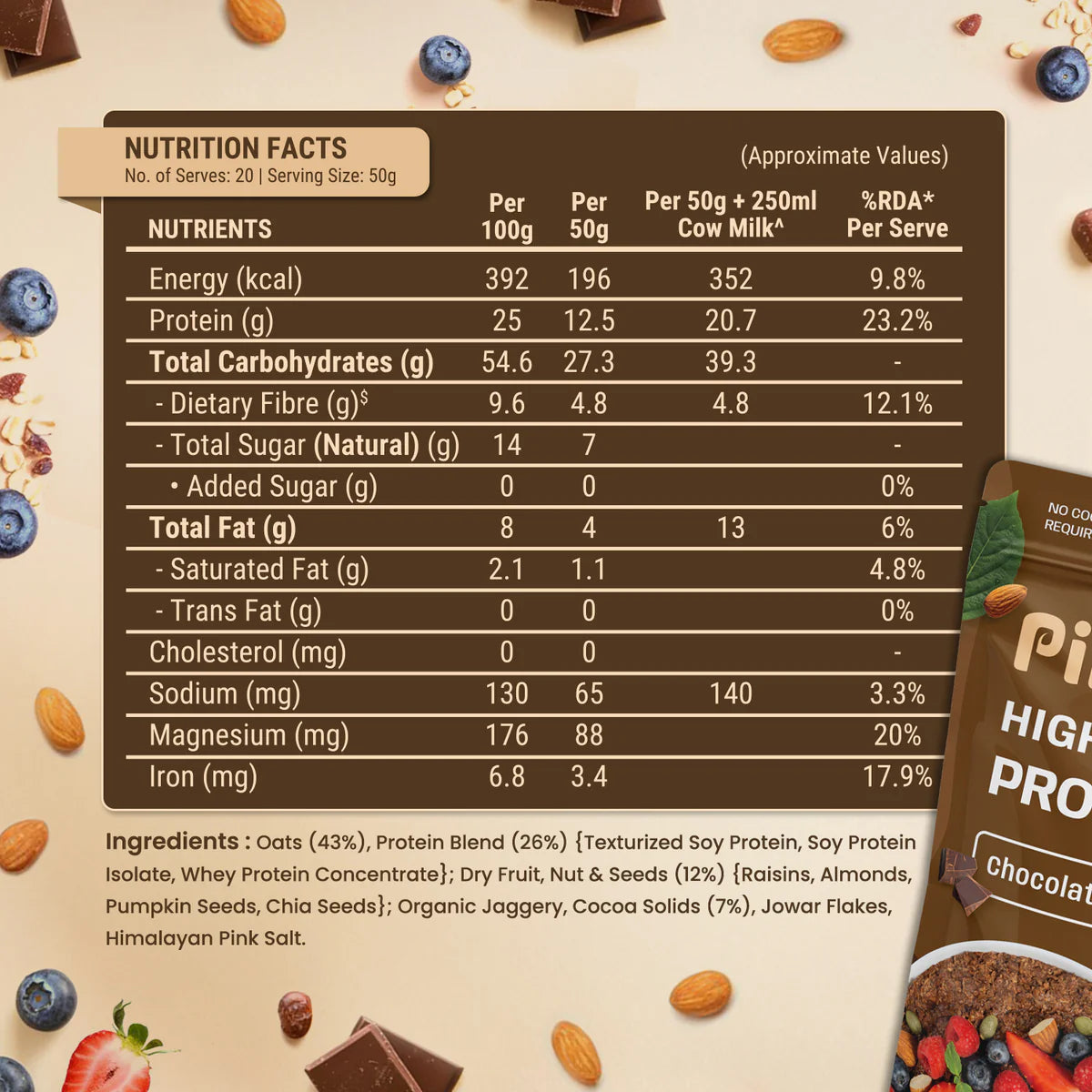 PINTOLA 25g High Protein Oats 1kg, Dark Chocolate