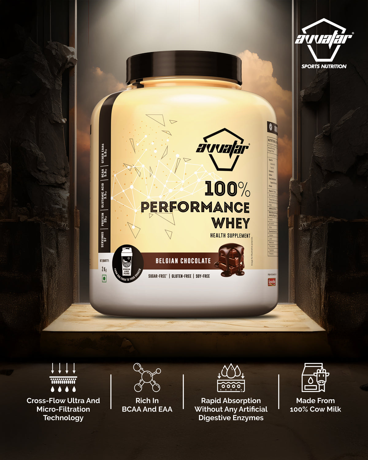 AVVATAR 100 % WHEY PROTEIN -PROTEIN POWDER-100% PERFORMANCE WHEY-BELGIAN CHOCOLATE-2KG
