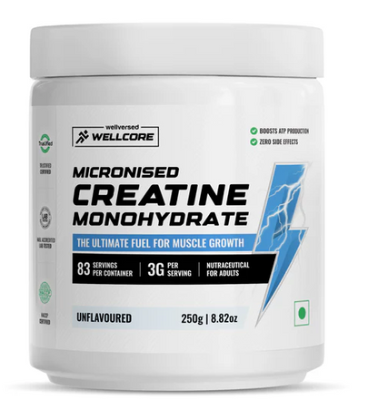 Wellcore Pure Micronised Creatine Powder (83 Servings, Unflavoured) For Enhanced Muscle Strength With Rapid Absorption- 250g
