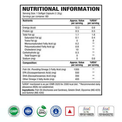 WOW LIFE SCIENCE-OMEGA 3 TRIPLE STRENGTH 1300MG-60 SOFT GEL