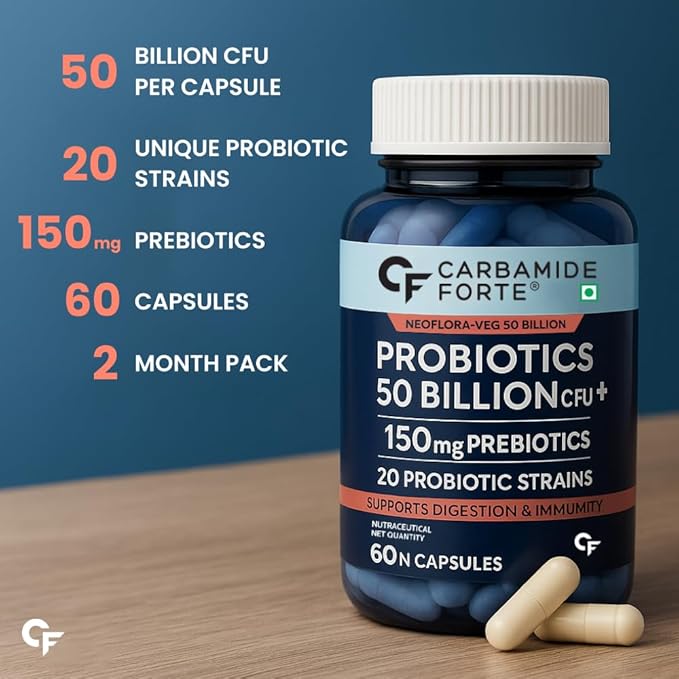 Probiotics + Prebiotics Blend Supplement | 50 Billion CFU & Gut health Support Multi-Strain Gut Health Formula | 10 Strains with FOS  Vegetarian, Non-GMO, No Artificial Fillers