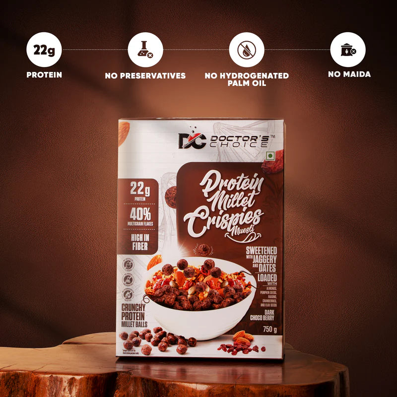 DC DOCTORS CHOICE High Protein Multigrain Muesli  22 G Protein,No Maida,No Palm Oil,Jaggery Sweetened Fiber-Rich,Preservative-Free,Healthy Crunchy Treat( 750 G,Dark Choco Berry