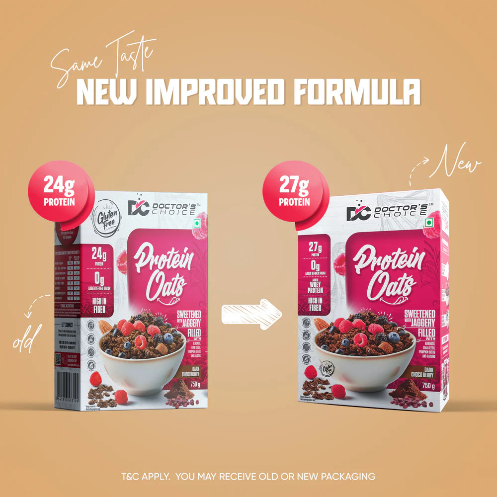 DC DOCTORS CHOICE Oats, High Protein Oats, 27G Pure Protein Breakfast Cereals, Jaggery Sweetened, Rich in Fiber, No Additives and 0g Sugar. (750g, Dark Choco Berry)