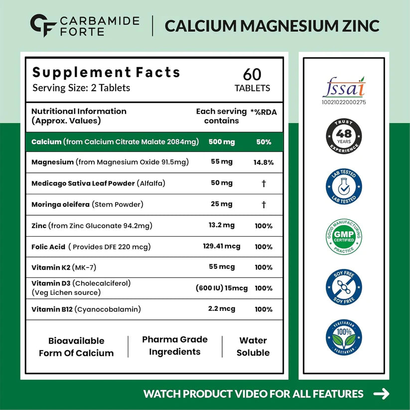 Calcium Magnesium Zinc Tablets – For Bone & Joint Support 60 Tablets With Vitamin D3, K2 MK7 & B12 for Better Absorption & Energy  High Bioavailability