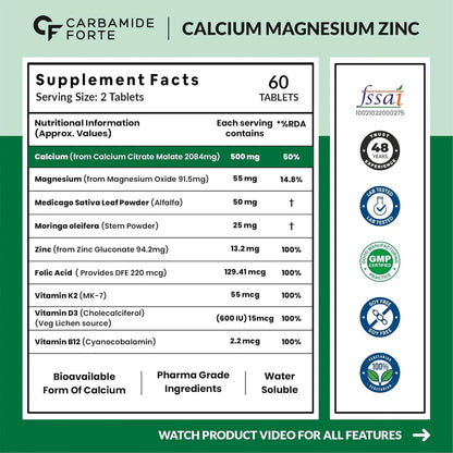 Calcium Magnesium Zinc Tablets – For Bone & Joint Support 60 Tablets With Vitamin D3, K2 MK7 & B12 for Better Absorption & Energy  High Bioavailability