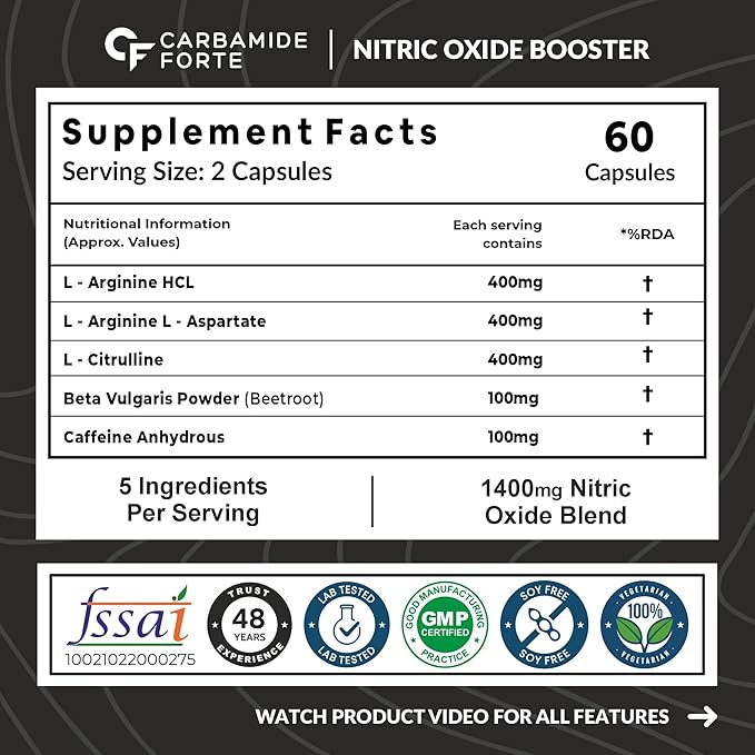 Nitric Oxide Supplement 1400mg with L-Arginine HCL | 60 Capsules Nitric Oxide & Circulation Support Formula With AAKG, L Citrulline Malate, Beet Root Extract & Caffeine
