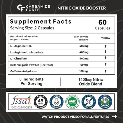 Nitric Oxide Supplement 1400mg with L-Arginine HCL | 60 Capsules Nitric Oxide & Circulation Support Formula With AAKG, L Citrulline Malate, Beet Root Extract & Caffeine