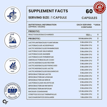 Probiotics + Prebiotics Blend Supplement | 50 Billion CFU & Gut health Support Multi-Strain Gut Health Formula | 10 Strains with FOS  Vegetarian, Non-GMO, No Artificial Fillers