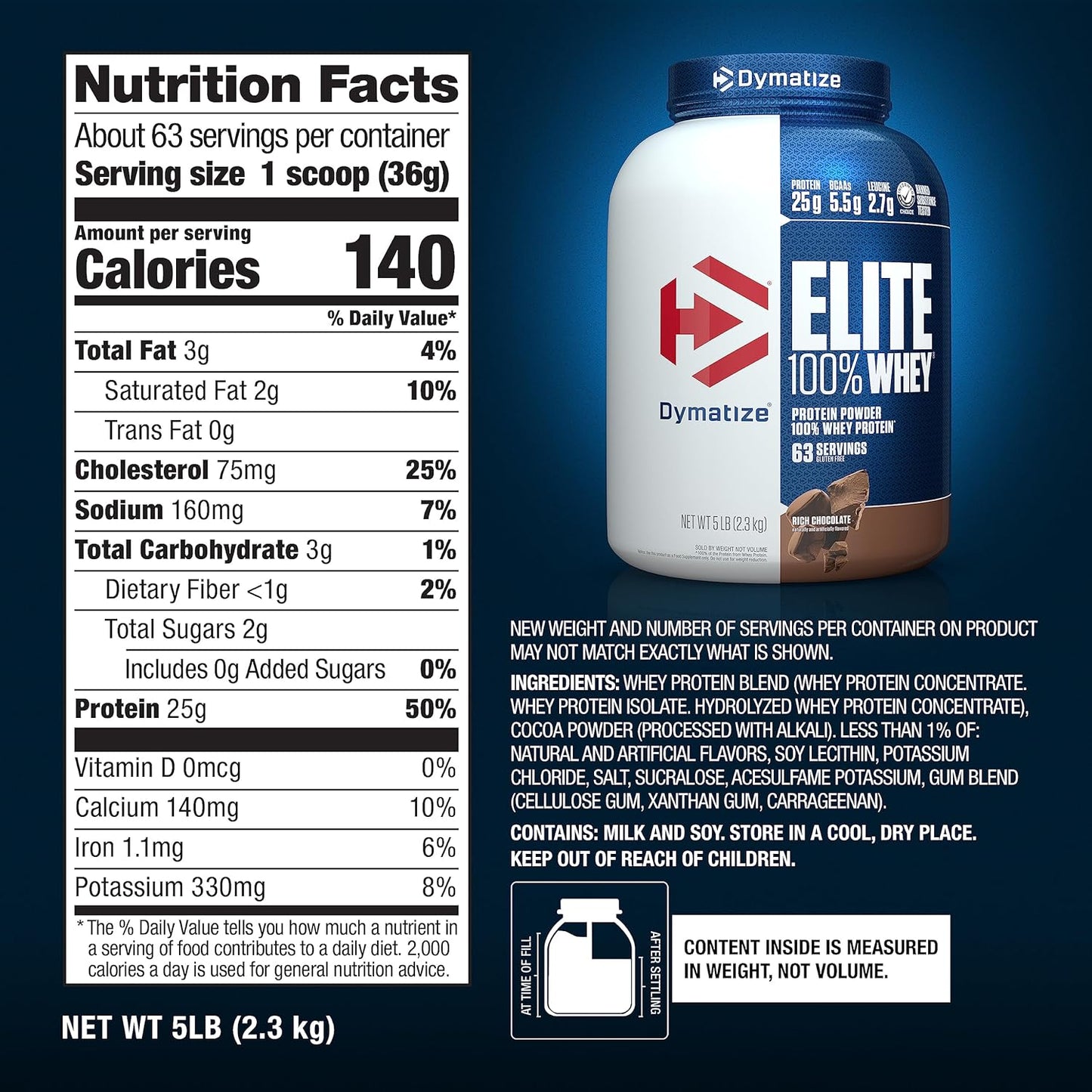 Dymatize Nutrition Elite 100% Whey Protein | Muscle Recovery | 25g Protein, 5.5g BCAA | Fast-Absorbing Protein | Gluten-Free | Blend with BCAAs & Glutamine | Rich Chocolate | 5 Lbs