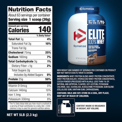 Dymatize Nutrition Elite 100% Whey Protein | Muscle Recovery | 25g Protein, 5.5g BCAA | Fast-Absorbing Protein | Gluten-Free | Blend with BCAAs & Glutamine | Rich Chocolate | 5 Lbs