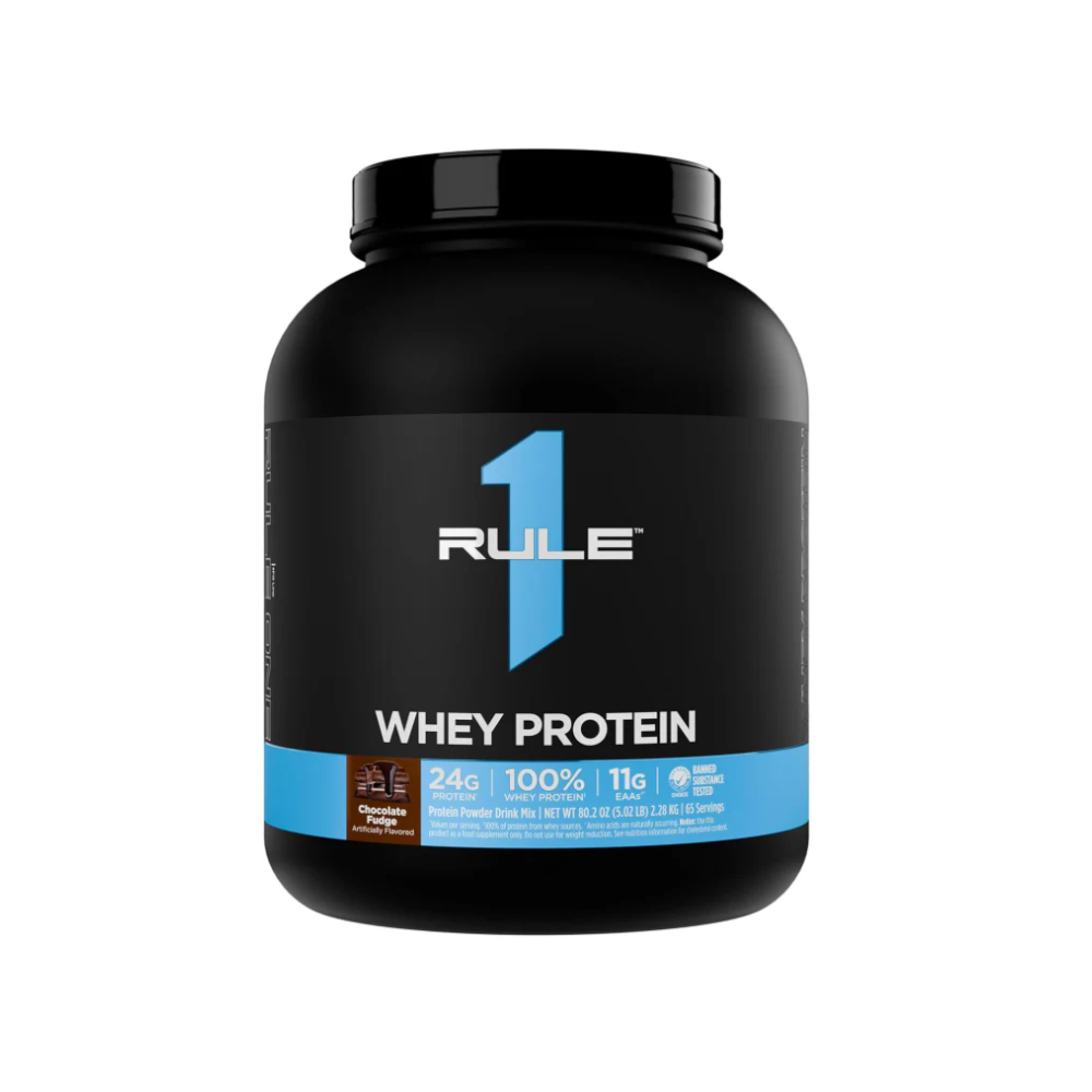 Rule 1 R1 Whey Blend, Chocolate Fudge - 5.02 lbs Powder - 24g Whey Concentrates, Isolates & Hydrolysates with Naturally Occurring EAAs & BCAAs - 65 Servings 2.28KG