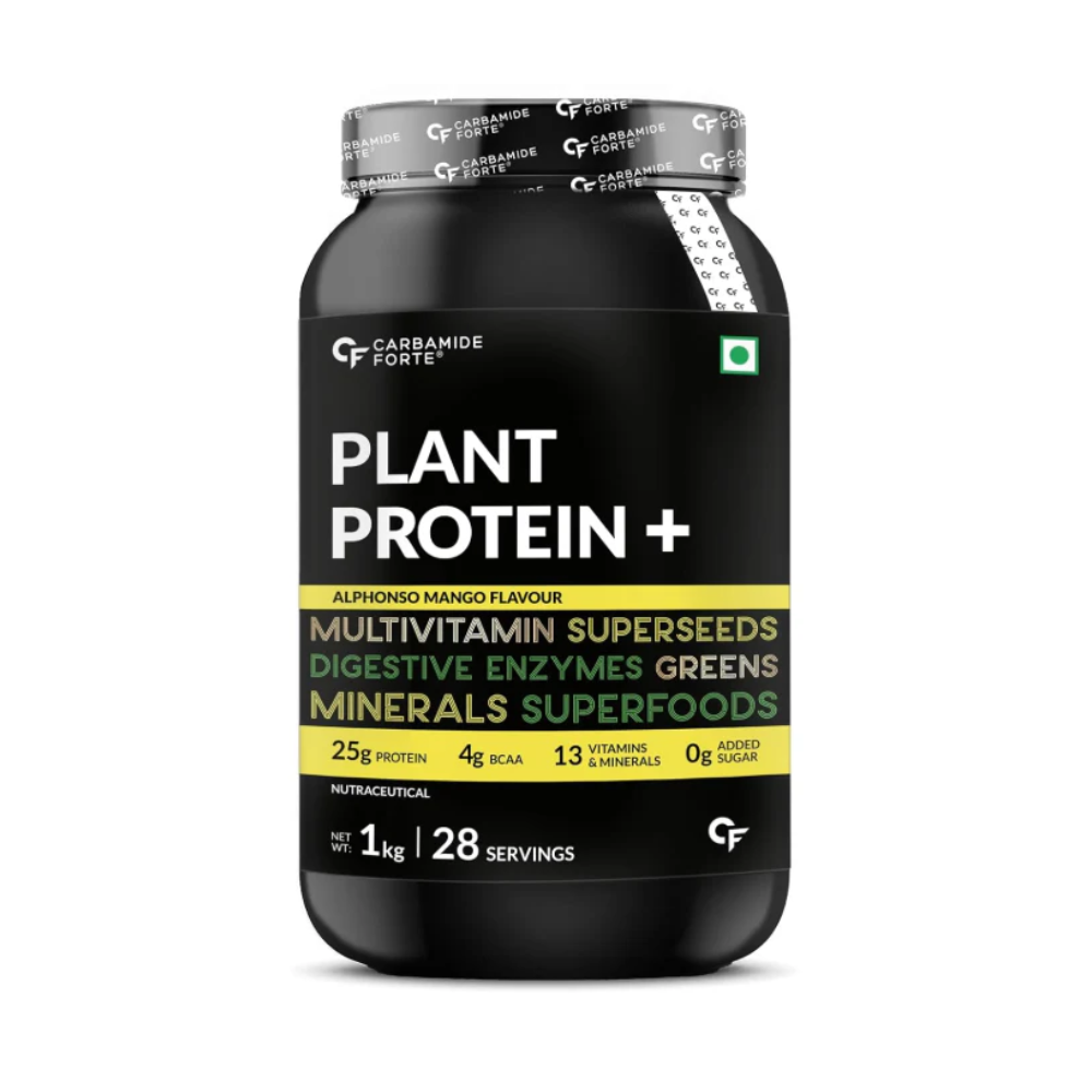 Carbamide Forte Vegan Protein Powder - Plant Based Protein Powder with Multivitamin, Minerals, Superfoods, Pea Protein, Digestive Enzymes | Alphonso Mango Flavour - 1Kg