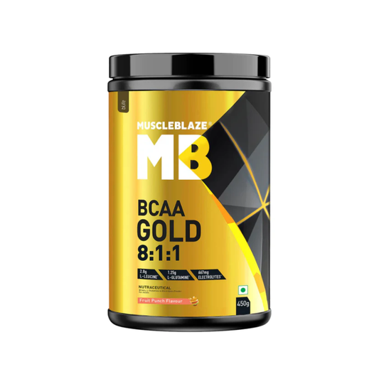 MuscleBlaze BCAA Gold 8:1:1 Powder, Fruit Punch (60 Servings, 450g) | With Higher Leucine, Electrolytes & Glutamine