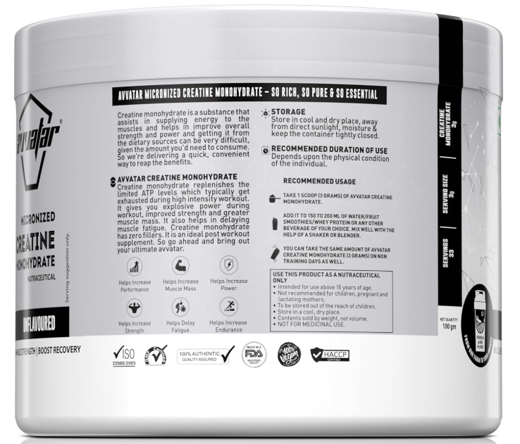 Avvatar Micronized Creatine Monohydrate Powder (100 G,33 Servings)|Unflavoured|Muscle Recovery|Enhance Strength|