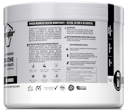 Avvatar Micronized Creatine Monohydrate Powder (100 G,33 Servings)|Unflavoured|Muscle Recovery|Enhance Strength|