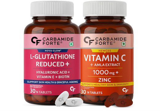 Carbamide Forte Japanese Reduced L Glutathione 500mg Tablets with Vitamin C from Amla Extract | Glutathione Supplements & Vitamin C Supplements – 30 Veg Tablets Each