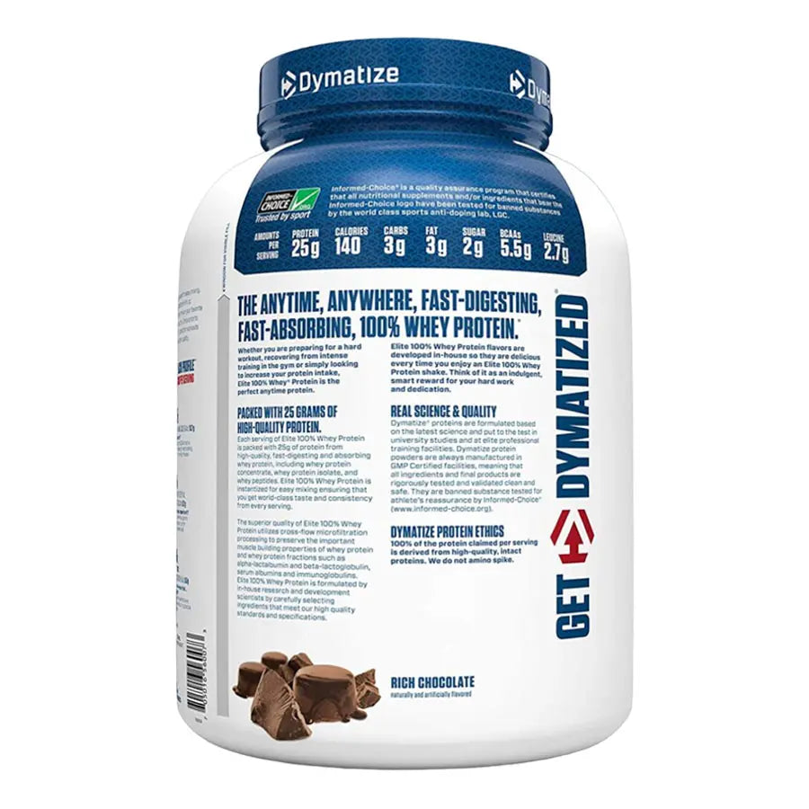Dymatize Nutrition Elite 100% Whey Protein | Muscle Recovery | 25g Protein, 5.5g BCAA | Fast-Absorbing Protein | Gluten-Free | Blend with BCAAs & Glutamine | Rich Chocolate | 5 Lbs
