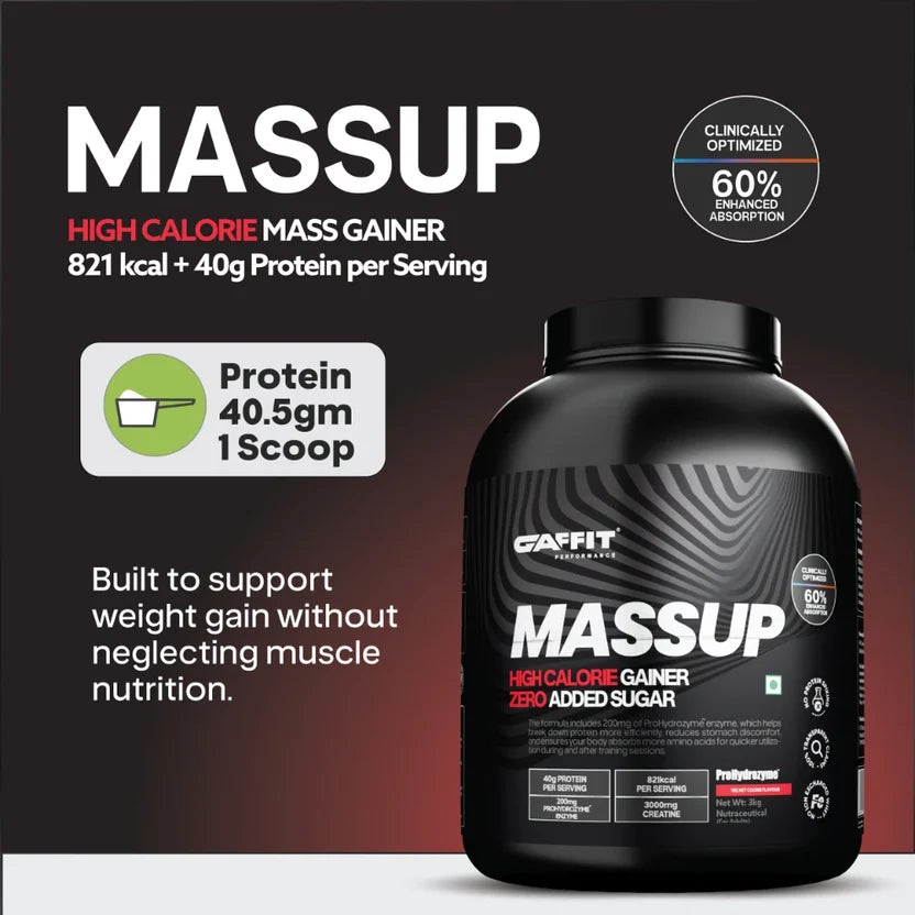 GAFFIT MASSUP High-Calorie Mass Gainer with 821 kcal, 40g Protein & ProHydrozyme