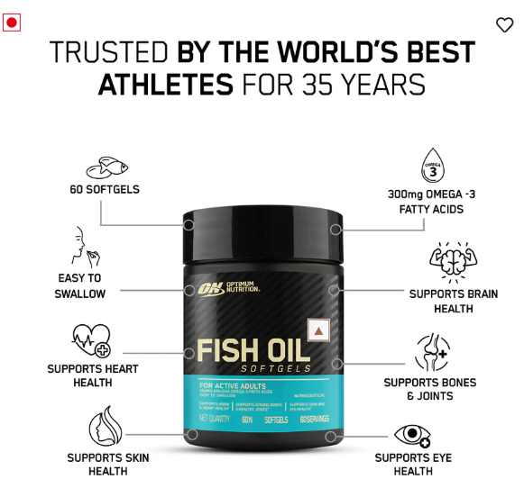 Optimum Nutrition (ON) Fish Oil - 60 Capsules, 1000 mg Fish Oil, 180 mg EPA, 120mg DHA