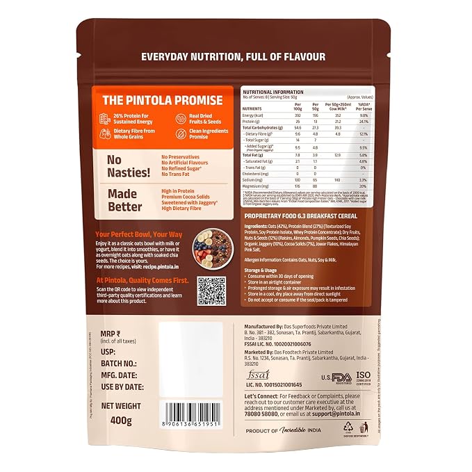 PINTOLA 26g High Protein Oats 1kg, Dark Chocolate