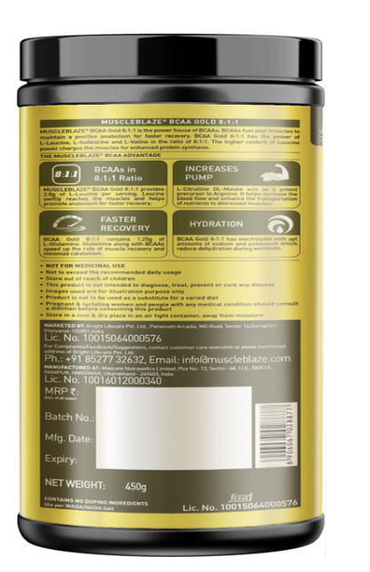 MuscleBlaze BCAA Gold 8:1:1 Powder, Fruit Punch (60 Servings, 450g) | With Higher Leucine, Electrolytes & Glutamine