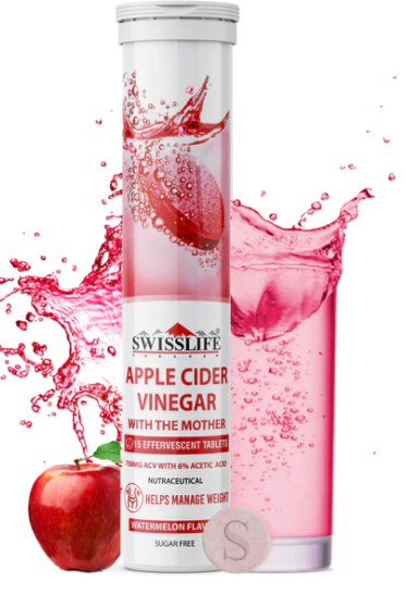 Swisslife Forever Apple Cider Vinegar Effervescent Tablets with Vitamin B6 & B12 | 750 mg | Plant-Based | Supports Digestion & Metabolism | Watermelon Flavour |