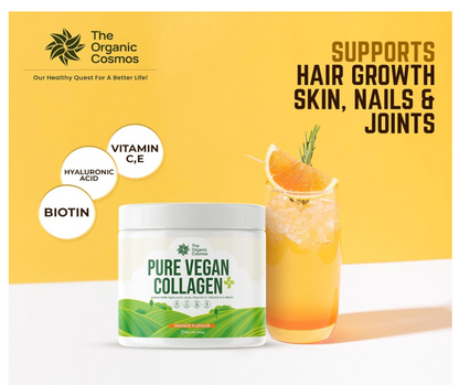 Pure Vegan Collagen 240g | Plant-Based Collagen Supplement with Hyaluronic Acid, Vitamin C, Vitamin E & Biotin | Supports Anti-Aging, Skin Hydration, Hair Growth, Nail Strength & Joint Care | Orange Flavour | No Added Sugar
