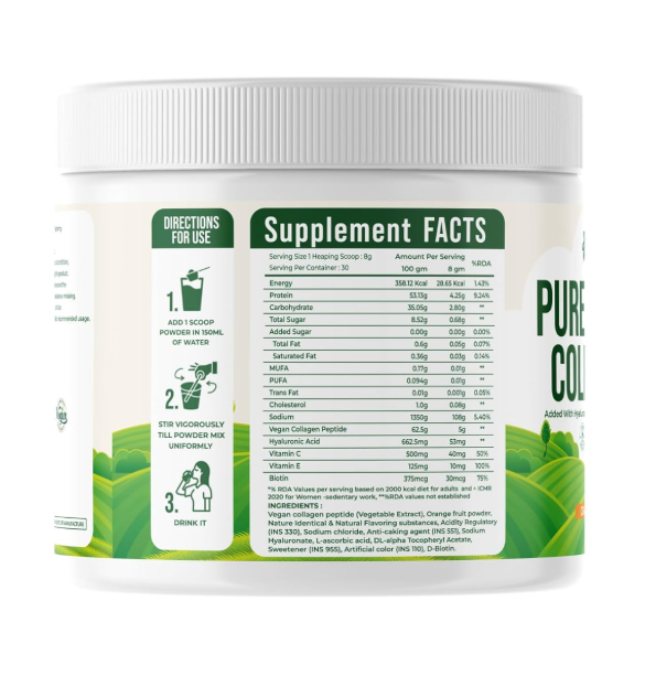 Pure Vegan Collagen 240g | Plant-Based Collagen Supplement with Hyaluronic Acid, Vitamin C, Vitamin E & Biotin | Supports Anti-Aging, Skin Hydration, Hair Growth, Nail Strength & Joint Care | Orange Flavour | No Added Sugar