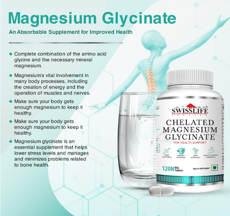 SwissLife Forever Chelated Magnesium Glycinate Tablets | Dietary Supplement with Magnesium & Amino Acids | Supports Bone, Muscle & Heart Health | For Men & Women | 120 Tablets