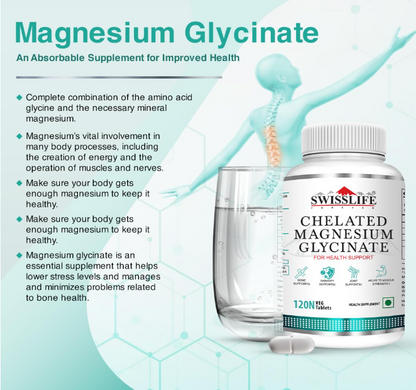 SwissLife Forever Chelated Magnesium Glycinate Tablets | Dietary Supplement with Magnesium & Amino Acids | Supports Bone, Muscle & Heart Health | For Men & Women | 120 Tablets