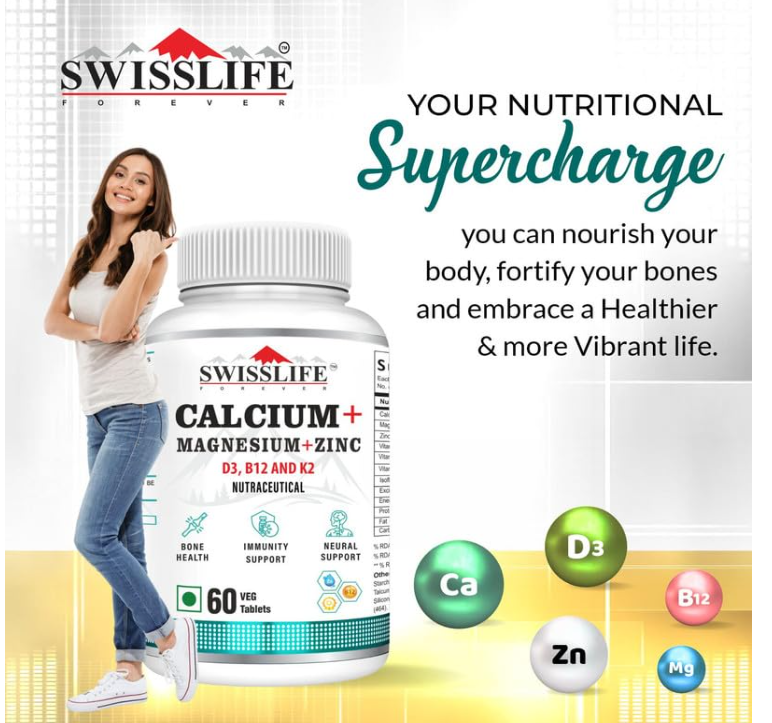 Swisslife Calcium Magnesium Zinc with Vitamin D3 | Calcium Supplement For Women and Men | For Bone Health And Joint, Unflavoured (Pack Of 1, 120 Tablets)