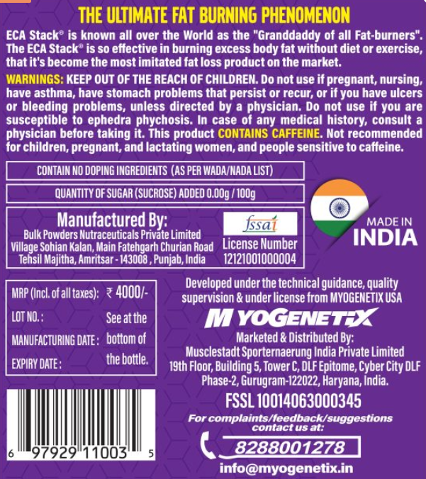 Myogenetix ECA STACK | For Energy, Endurance & Fast Metabolism | With Natural Cocoa, Green Coffee Bean, Green Tea and Natural Caffeine | 120 Capsules