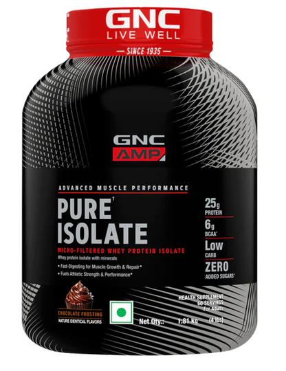GNC Amp Pure Isolate Zero Carb | 2 Lbs | 30 Servings | Boosts Athletic Performance Builds Lean Muscles | Speeds Up Recovery | Digezyme For Easy Digestion | 25G Protein | 6G Bcaa | Chocolate Frosting