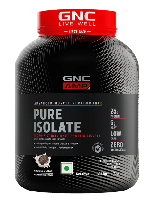 GNC Amp Pure Isolate Zero Carb | 2 Lbs | 30 Servings | Boosts Athletic Performance Builds Lean Muscles | Speeds Up Recovery | Digezyme For Easy Digestion | 25G Protein | 6G Bcaa | Chocolate Frosting