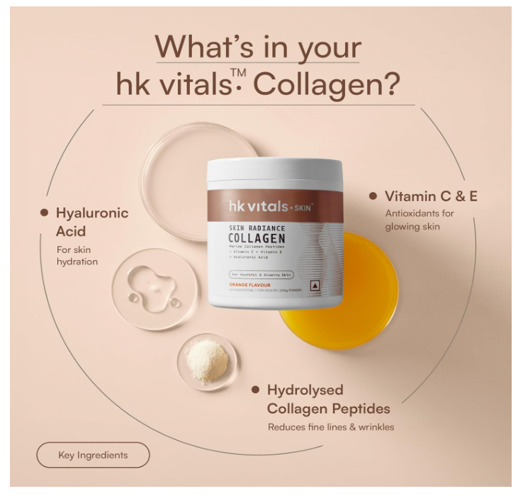 HK vitals Skin Radiance Marine Collagen Supplement Powder (Orange, 200g) | Collagen Peptides with Vitamin C, E