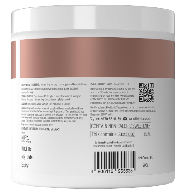 HK vitals Skin Radiance Marine Collagen Supplement Powder (Orange, 200g) | Collagen Peptides with Vitamin C, E