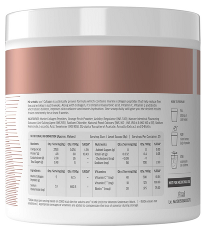 HK vitals Skin Radiance Marine Collagen Supplement Powder (Orange, 200g) | Collagen Peptides with Vitamin C, E