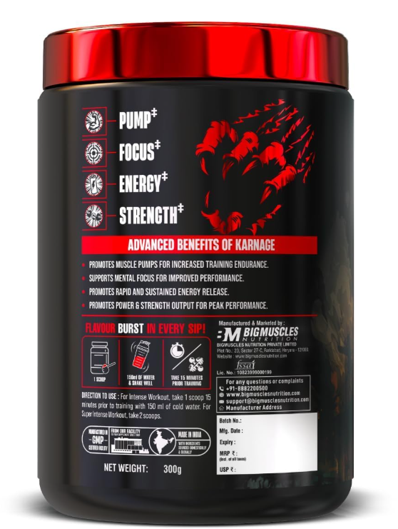 Bigmuscles Nutrition Karnage Pre workout (60 Servings, Sex On the Beach) | Pre-workout Supplement Supports to Improve Focus, Strength, Energy and Pump,