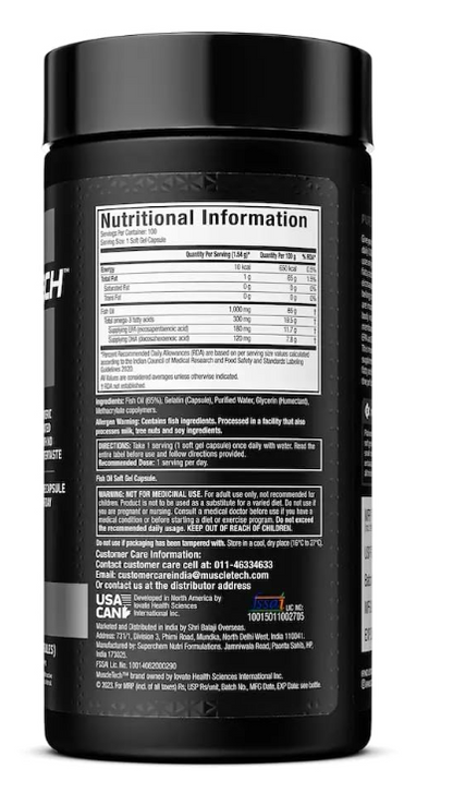 MuscleTech Platinum 100% Fish Oil For Men And Women, 1000Mg Omega 3 With 180 Mg Epa & 120 Mg Dha For Heart, Joints & Brain Health, 100 Softgels, 1 count, 100 servings