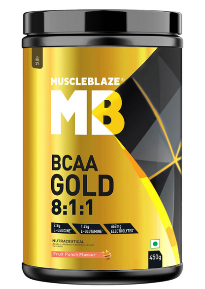 MuscleBlaze BCAA Gold 8:1:1 Powder, Fruit Punch (60 Servings, 450g) | With Higher Leucine, Electrolytes & Glutamine