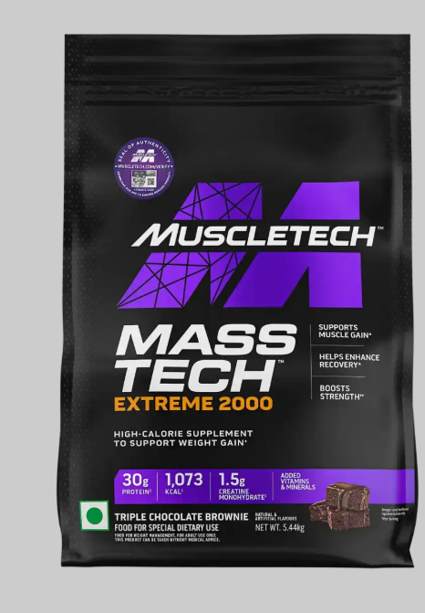 MuscleTech Mass Gainer-Triple Chocolate Brownie (3Kg Powder-MassTech Extreme 2000 High Protein Food For Weight Gainer (30g Protein, 10Added Vitamin,73 Kcal,1.5g Creatine & Minerals)