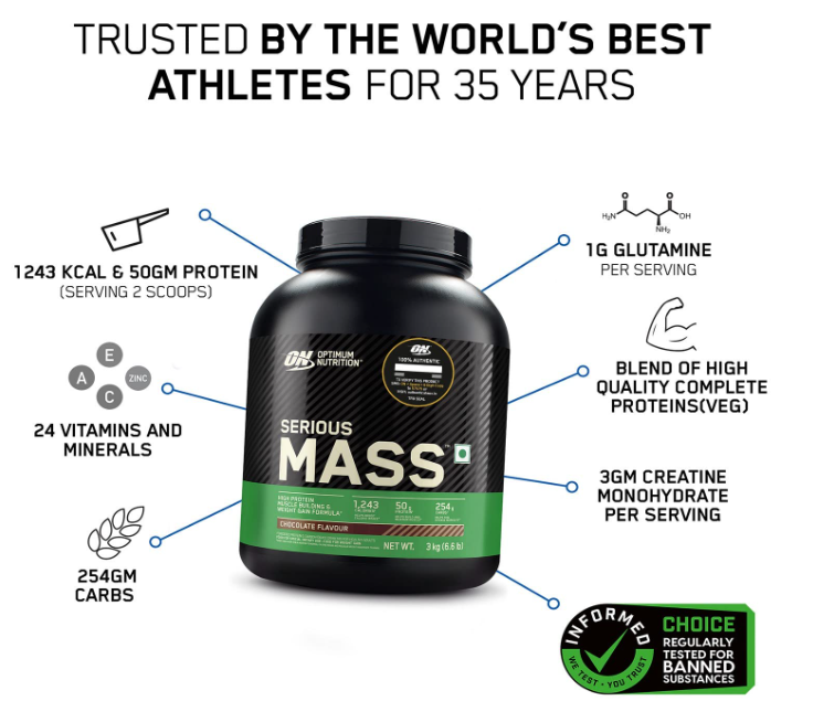 OPTIMUM NUTRITION (ON) Serious Mass High Protein High Calorie Weight Gainer Powder - 3 kg (Chocolate)